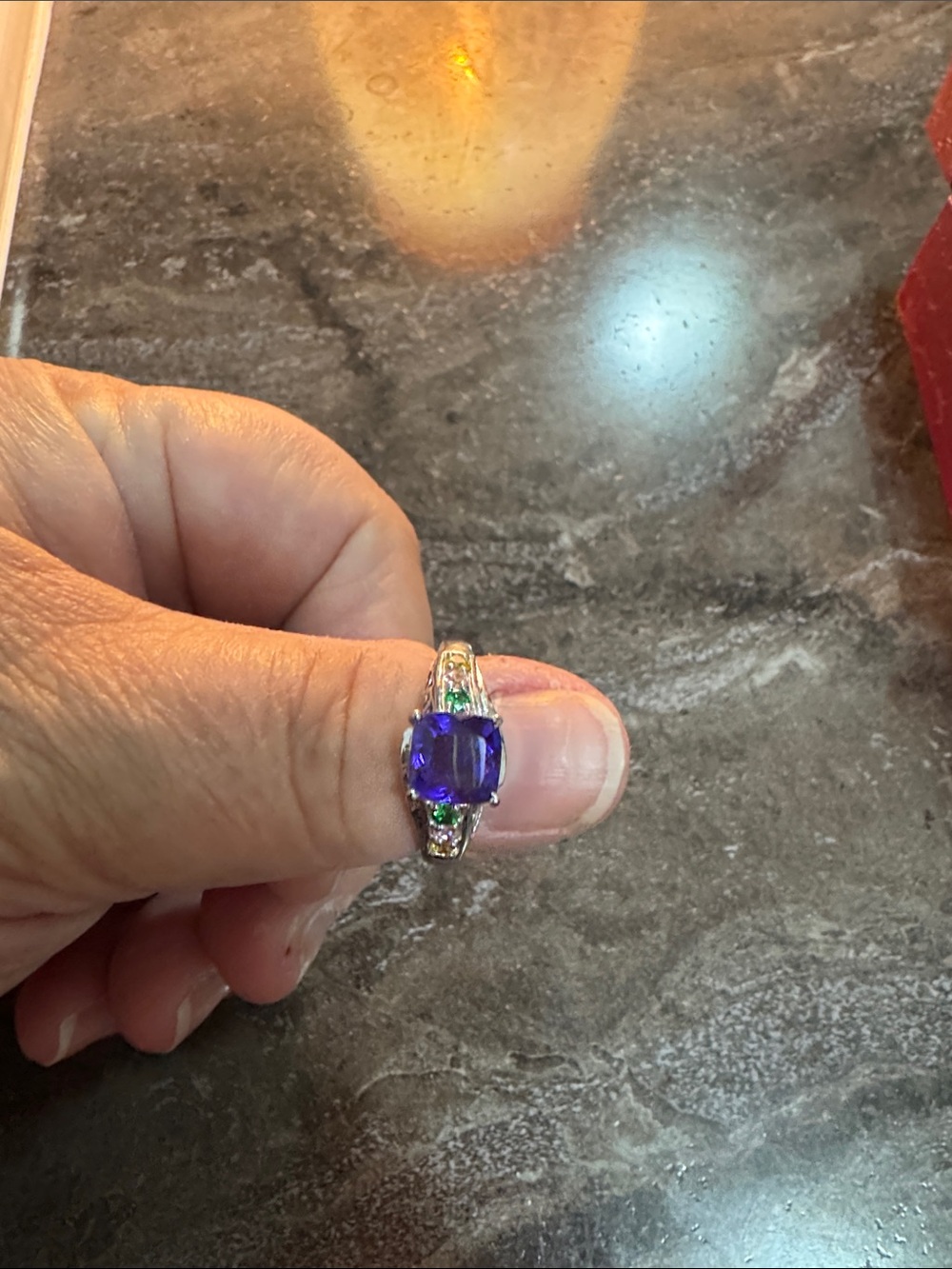 Sterling Silver Purple Gemstone Ring with Green Accent Stones